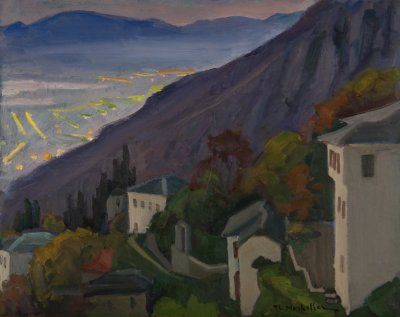 Lights of Volos from Makrinitsa — Oil painting, Fiberboard, 40.00×50.00cm — Theodoros Markellos